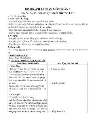 Kế hoạch bài dạy Toán 3 (Kết nối tri thức) - Tiết 54, Bài 27: Giảm 1 số đi 1 số lần