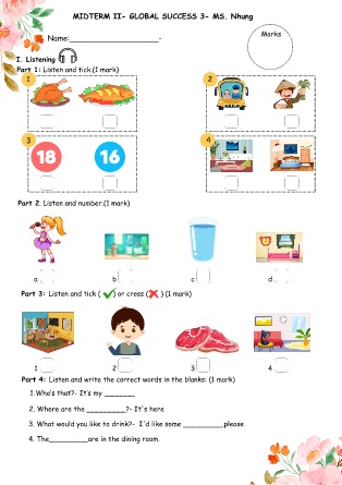 Bài kiểm tra môn Tiếng Anh Lớp 3 Global Success - Midterm II, Review Unit 11-15