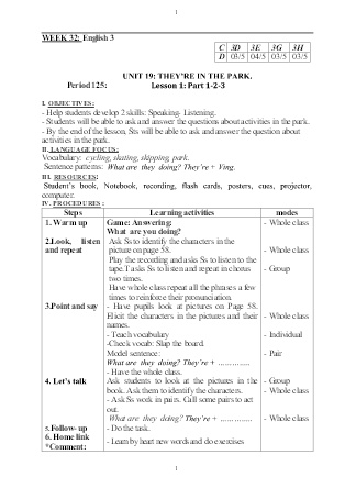 Kế hoạch bài dạy môn Tiếng Anh Lớp 3 - Tuần 32 (GV: Hoàn - Trường TH Trần Phú - Năm học 2020-2021)