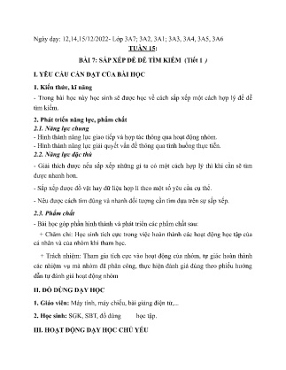 Kế hoạch bài dạy môn Tin Học Lớp 3 - Tuần 15, Bài 7: Sắp xếp để dễ tìm kiếm (Tiết 1)