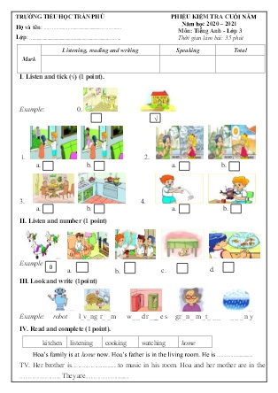 Phiếu kiểm tra Cuối năm môn Tiếng Anh Lớp 3 - Trường TH Trần Phú - Năm học 2020-2021 (Có đáp án + ma trận)