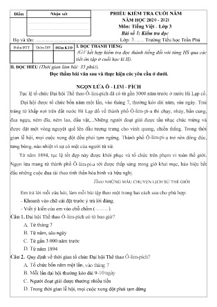 Phiếu kiểm tra Cuối năm môn Tiếng Việt (Đọc) Lớp 3 - Trường TH Trần Phú - Năm học 2020-2021 (Có hướng dẫn chấm + Ma trận)