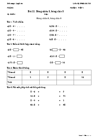 Phiếu Bài tập hằng ngày Toán Lớp 3 - Bài 11. Bảng nhân 8, bảng chia 8 - Kết nối tri thức (Năm học 2026-2027)