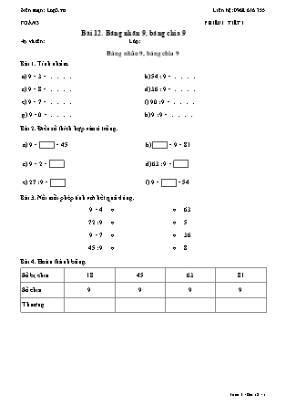 Phiếu Bài tập hằng ngày Toán Lớp 3 - Bài 12. Bảng nhân 9, bảng chia 9 - Kết nối tri thức (Năm học 2026-2027)