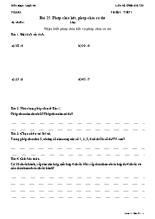 Phiếu Bài tập hằng ngày Toán Lớp 3 - Bài 25. Phép chia hết, phép chia có dư - Kết nối tri thức (Năm học 2026-2027)