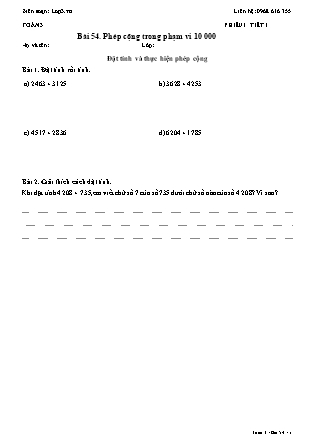 Phiếu Bài tập hằng ngày Toán Lớp 3 - Bài 54. Phép cộng trong phạm vi 10 000 - Kết nối tri thức (Năm học 2026-2027)