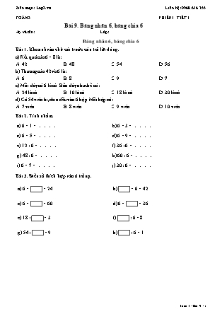 Phiếu Bài tập hằng ngày Toán Lớp 3 - Bài 9. Bảng nhân 6, bảng chia 6 - Kết nối tri thức (Năm học 2026-2027)