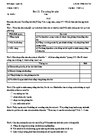 Phiếu Bài tập hằng ngày Tiếng Việt 3 - Bài 21. Tia nắng bé nhỏ - Kết nối tri thức (Năm học 2026-2027)