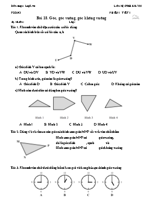 Phiếu Bài tập hằng ngày Toán Lớp 3 - Bài 18. Góc, góc vuông, góc không vuông - Kết nối tri thức (Năm học 2026-2027)