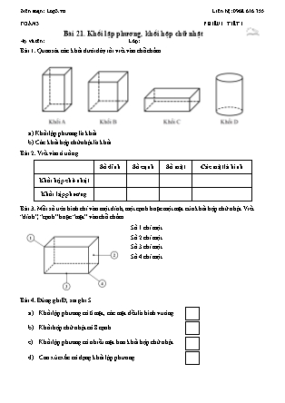 Phiếu Bài tập hằng ngày Toán Lớp 3 - Bài 21. Khối lập phương, khối hộp chữ nhật - Kết nối tri thức (Năm học 2026-2027)