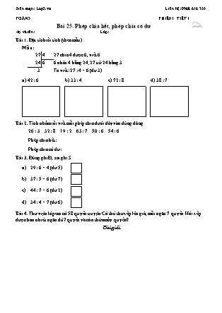 Phiếu Bài tập hằng ngày Toán Lớp 3 - Bài 25. Phép chia hết, phép chia có dư - Kết nối tri thức (Năm học 2026-2027)