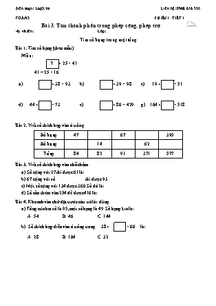 Phiếu Bài tập hằng ngày Toán Lớp 3 - Bài 3. Tìm thành phần trong phép cộng, phép trừ - Kết nối tri thức (Năm học 2026-2027)