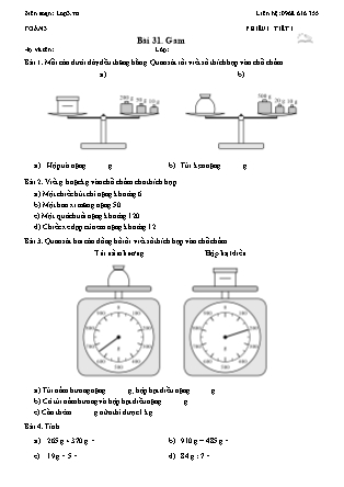 Phiếu Bài tập hằng ngày Toán Lớp 3 - Bài 31. Gam - Kết nối tri thức (Năm học 2026-2027)