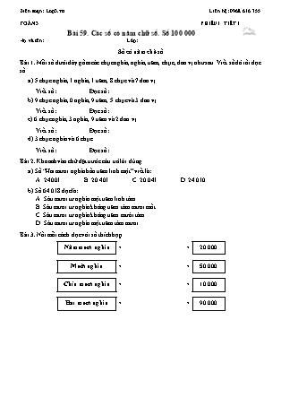 Phiếu Bài tập hằng ngày Toán Lớp 3 - Bài 59. Các số có năm chữ số. Số 100 000 - Kết nối tri thức (Năm học 2026-2027)