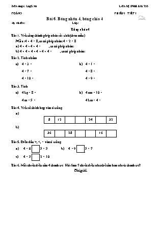 Phiếu Bài tập hằng ngày Toán Lớp 3 - Bài 6. Bảng nhân 4, bảng chia 4 - Kết nối tri thức (Năm học 2026-2027)