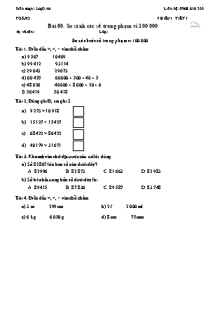 Phiếu Bài tập hằng ngày Toán Lớp 3 - Bài 60. So sánh các số trong phạm vi 100 000 - Kết nối tri thức (Năm học 2026-2027)