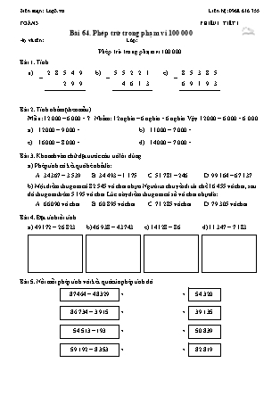 Phiếu Bài tập hằng ngày Toán Lớp 3 - Bài 64. Phép trừ trong phạm vi 100 000 - Kết nối tri thức (Năm học 2026-2027)